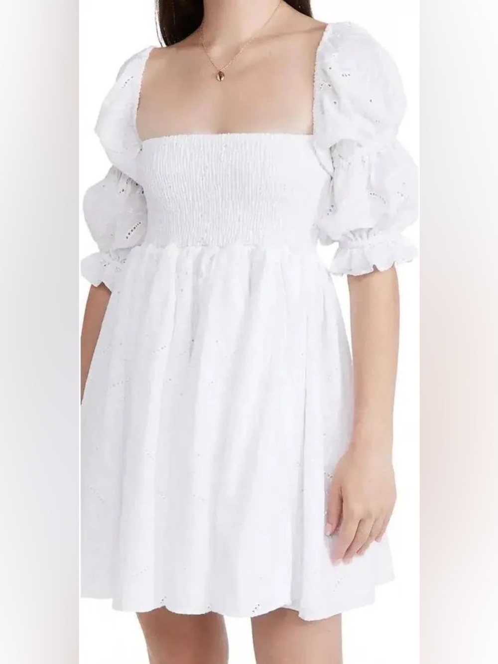 Misa Los Angeles White Eyelet Smocked Puff-Sleeve Mini Dress